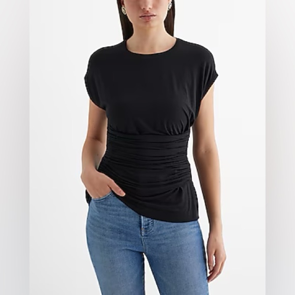 Crew Neck Short Sleeve Ruched Front Tee